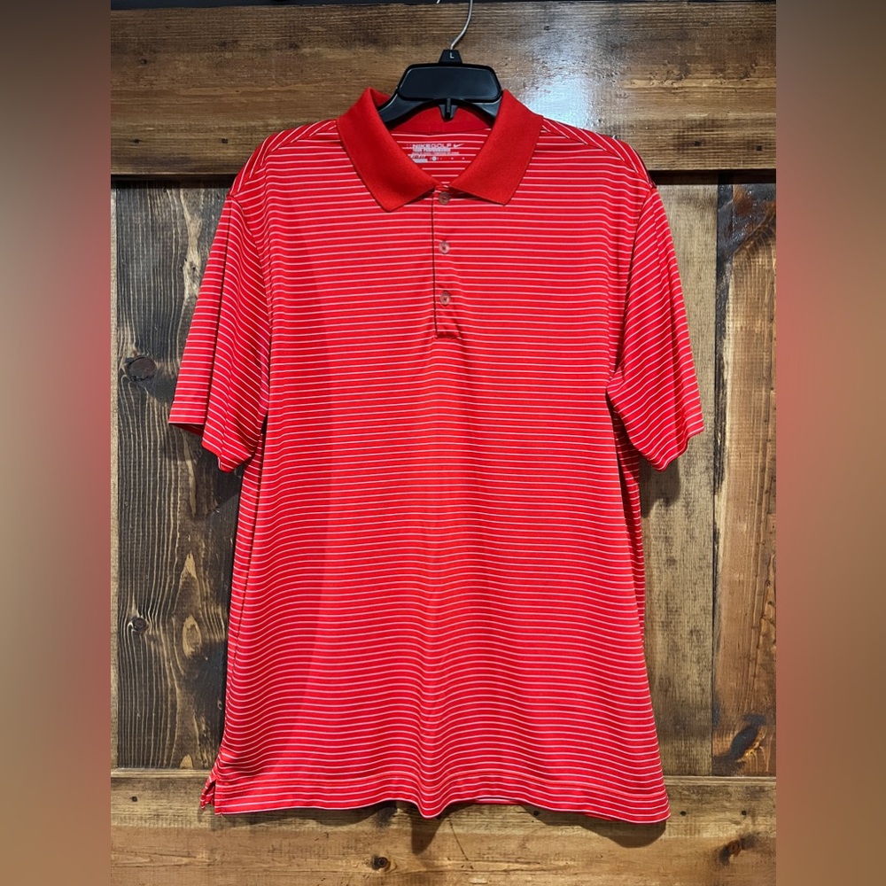 NIKE Golf Polo Shirt Mens Size Large Red White Striped Dri Fit‎ Tour Performance